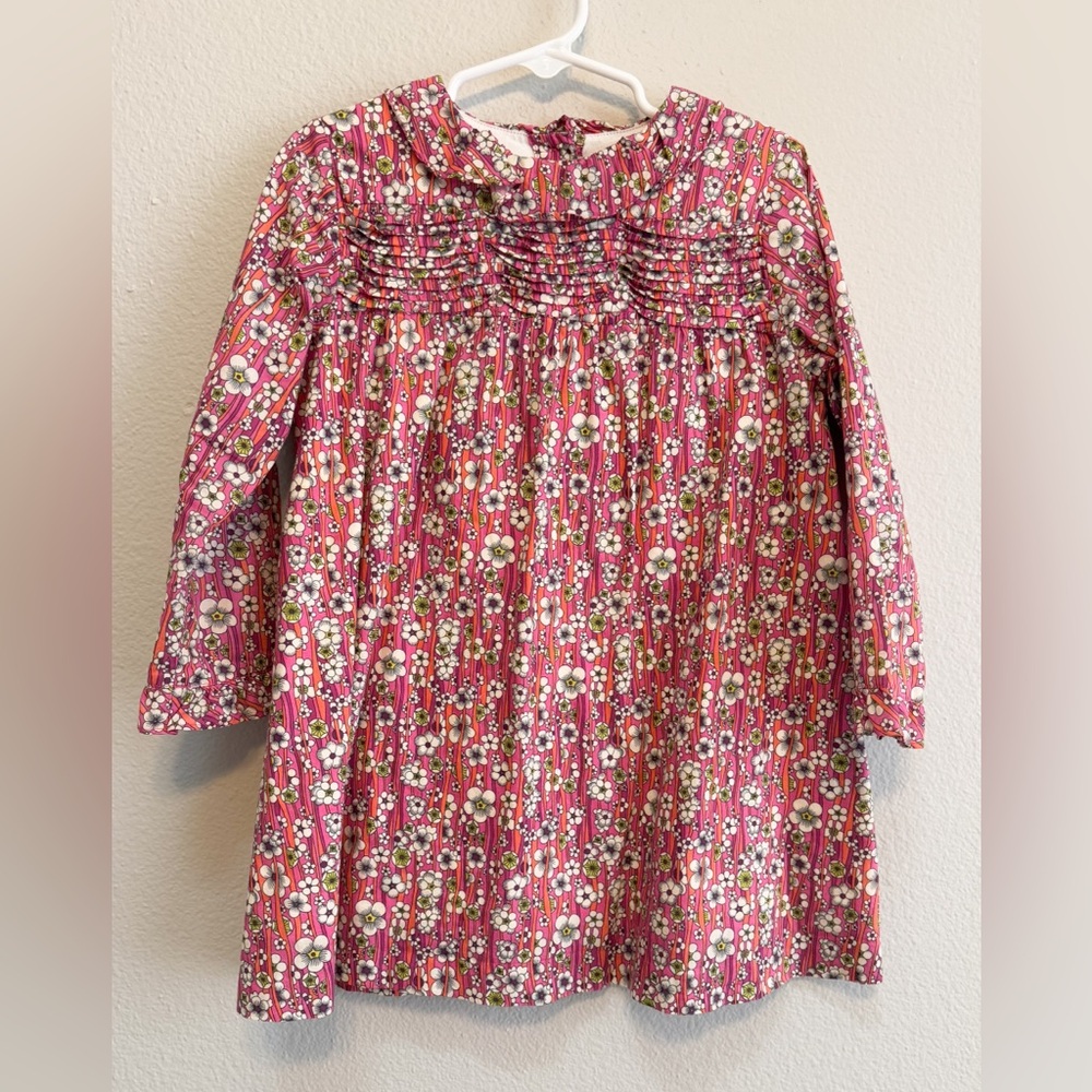 Oscar De La Renta girls floral long sleeve ruffle collar pintuck pleated dress